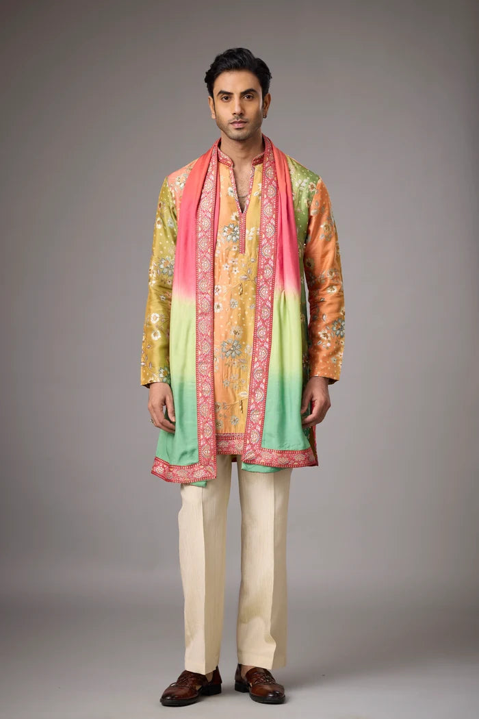 Mustard Heritage Floral Kurta Set with Multicolour Stole for Men | Mahavir NX