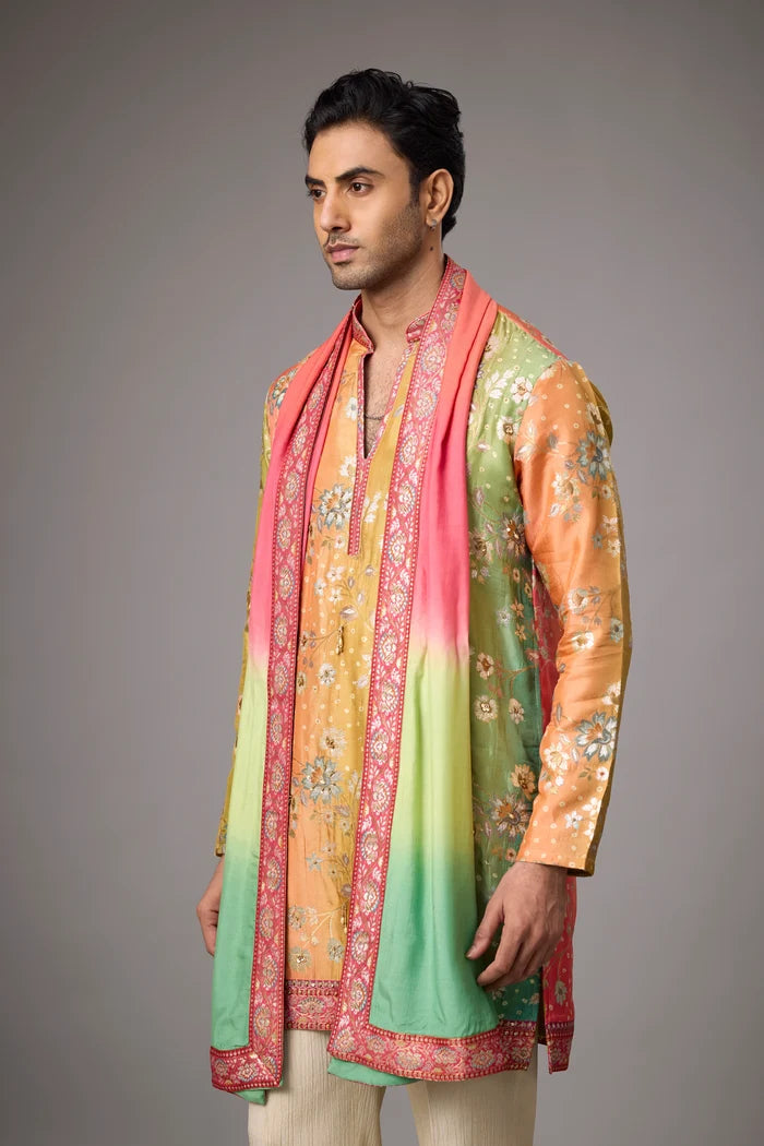 Mustard Floral Heritage Kurta with Multicolour Stole – Festive Wear | Mahavir NX