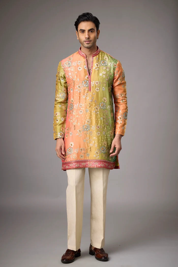 Mustard Heritage Kurta Pajama Set with Stole – Front View | Mahavir NX