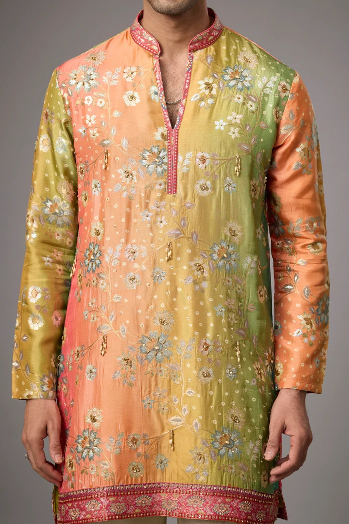 Floral Heritage Mustard Kurta with Stole – Reception Wear | Mahavir NX