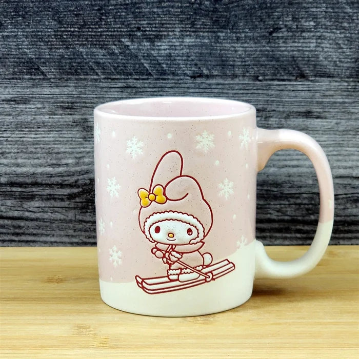 My Melody Downhill Skiing Coffee Mug Ceramic Pink Tea Cup Blue Sky Embossed 18oz