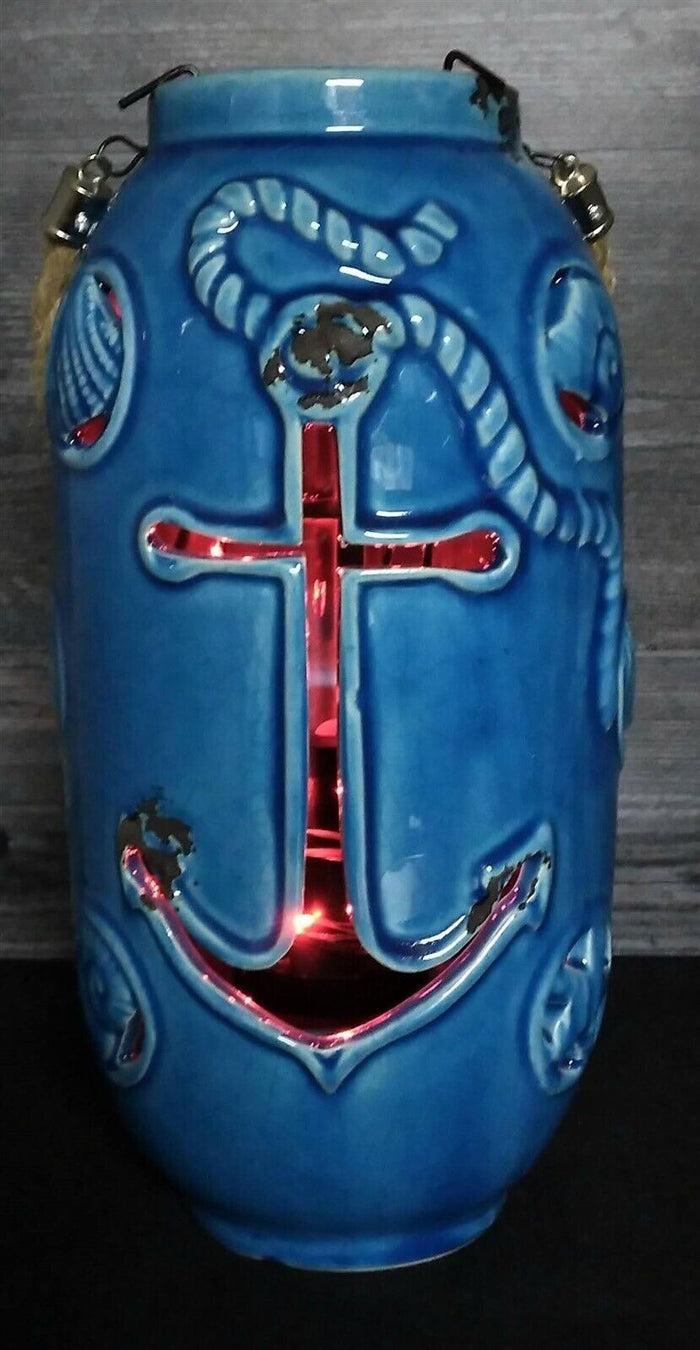 Nautical Maritime Lantern Light Blue With Red Led Lights Weathered Look Lamp