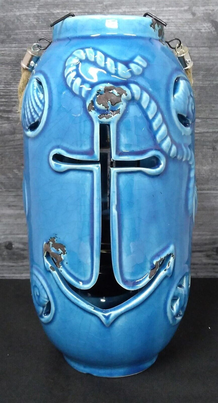 Nautical Maritime Lantern Light Blue With Red Led Lights Weathered Look Lamp