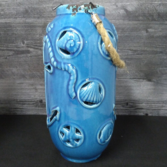 Nautical Maritime Lantern Light Blue With Red Led Lights Weathered Look Lamp