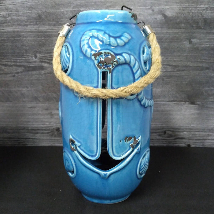 Nautical Maritime Lantern Light Blue With Red Led Lights Weathered Look Lamp