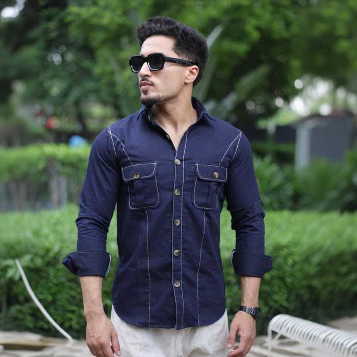 Navy Blue Denim Contrast Stitch Shirt