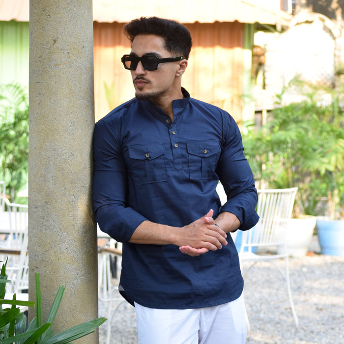 Navy Blue Mandarin Collar Short Kurta