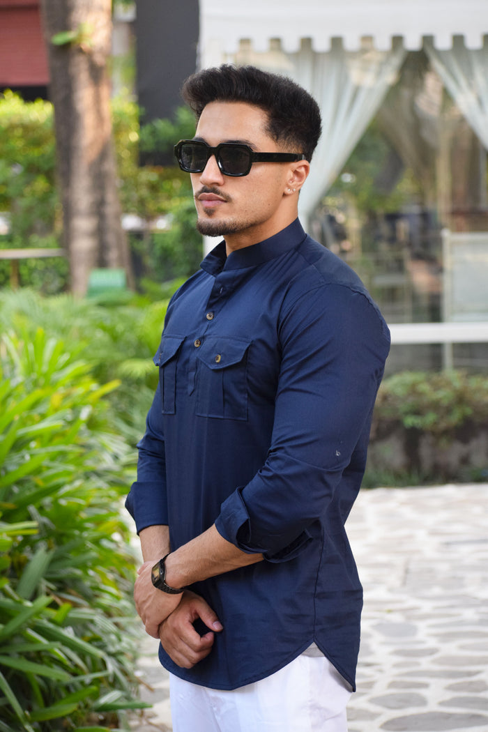 Navy Blue Mandarin Collar Short Kurta