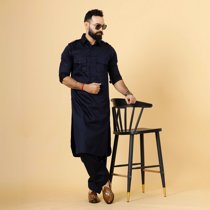 Navy Blue Pathani Kurta Pajama Set for Men