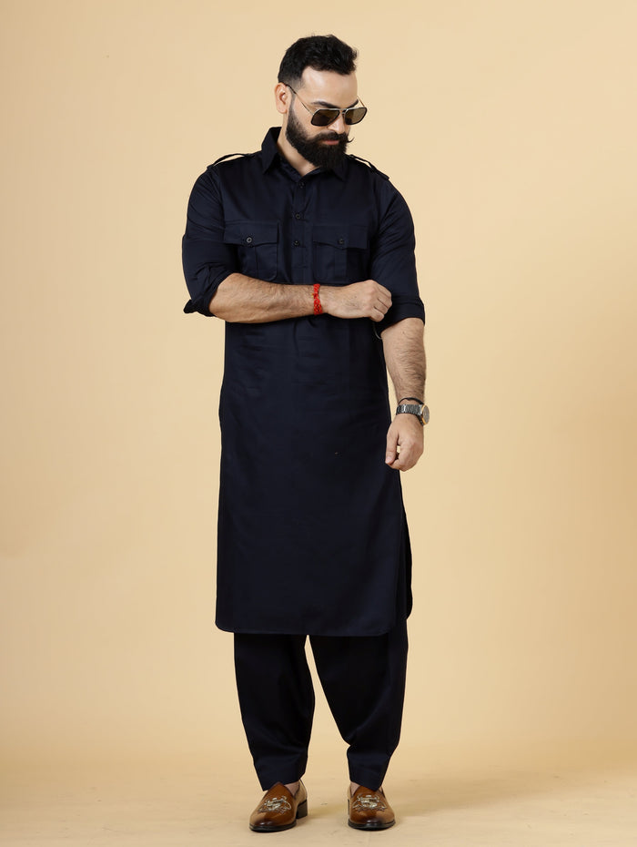 Navy Blue Pathani Kurta Pajama Set for Men