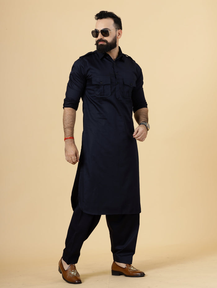 Navy Blue Pathani Kurta Pajama Set for Men