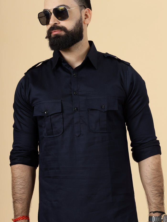 Navy Blue Pathani Kurta Pajama Set for Men