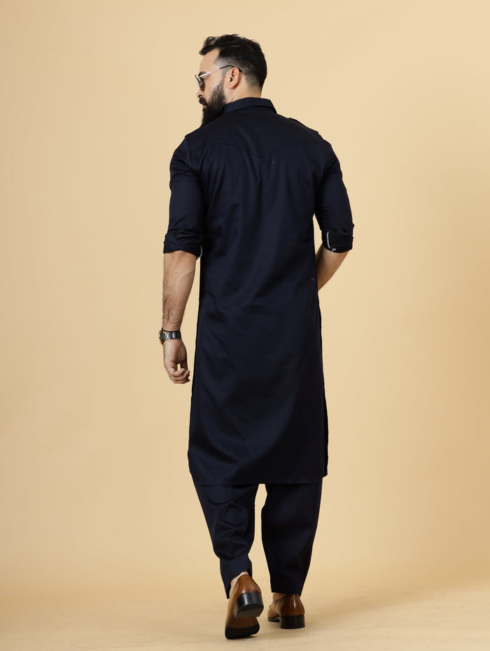 Navy Blue Pathani Kurta Pajama Set for Men