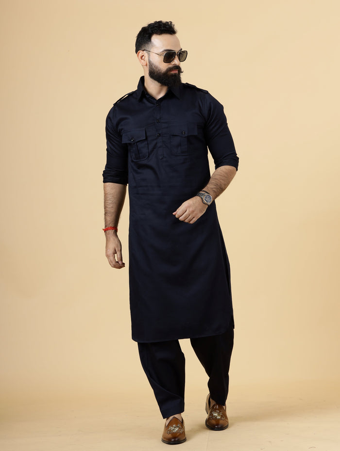 Navy Blue Pathani Kurta Pajama Set for Men