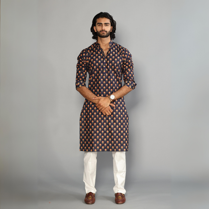 Navy Blue With Red Booti Pattern Sanganeri Kurta Pyjama Set