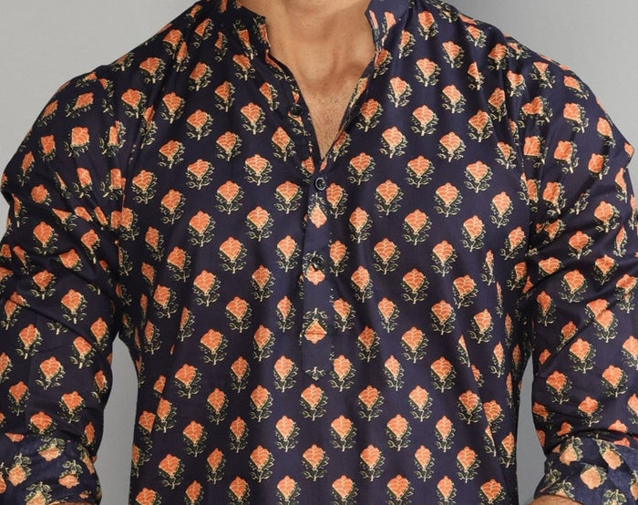 Navy Blue With Red Booti Pattern Sanganeri Kurta Pyjama Set