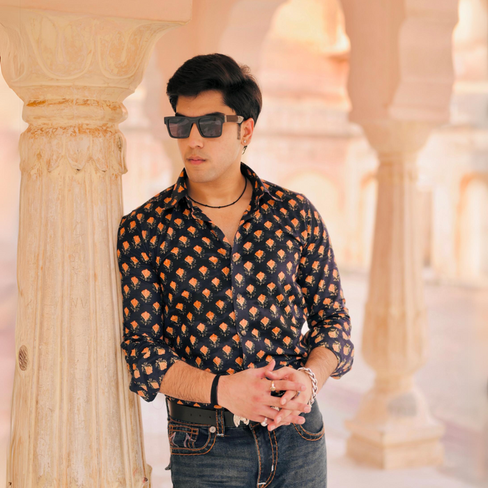 Navy Blue With Red Booti Sanganeri Cotton Shirt
