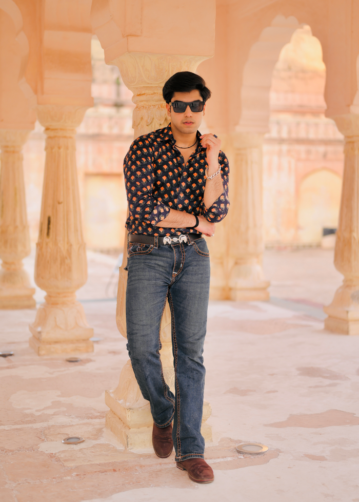 Navy Blue With Red Booti Sanganeri Cotton Shirt