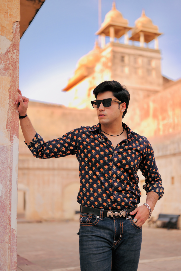 Navy Blue With Red Booti Sanganeri Cotton Shirt