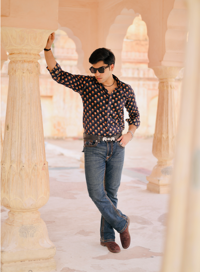 Navy Blue With Red Booti Sanganeri Cotton Shirt