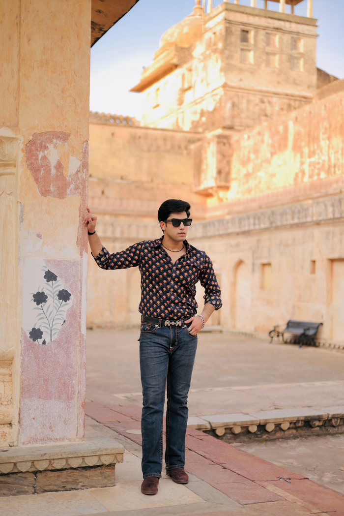 Navy Blue With Red Booti Sanganeri Cotton Shirt