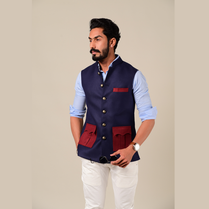 Navy Maroon Tweed Half Hunting Rajputana Jacket