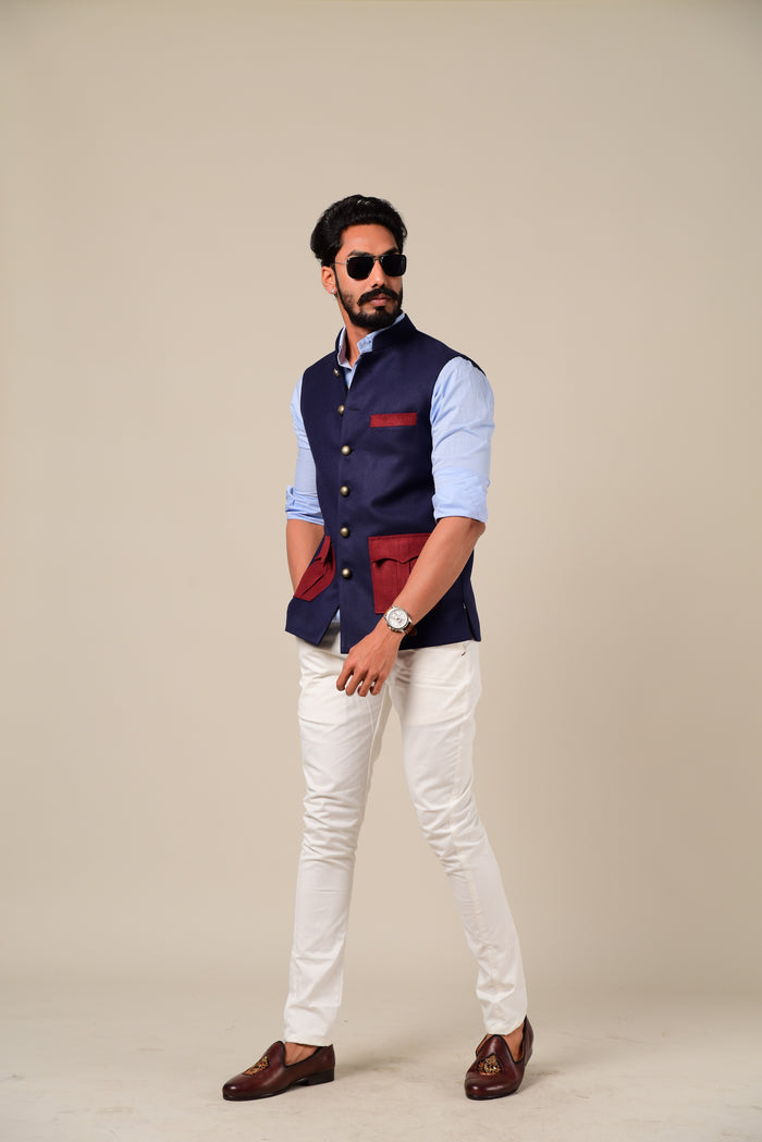 Navy Maroon Tweed Half Hunting Rajputana Jacket