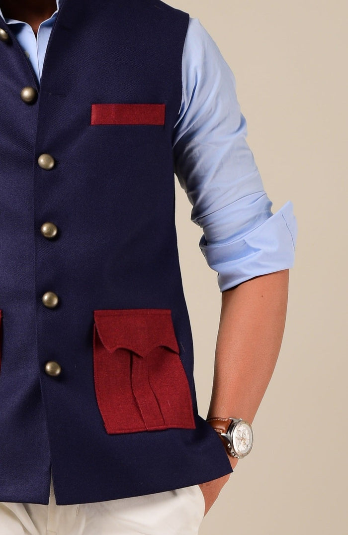 Navy Maroon Tweed Half Hunting Rajputana Jacket