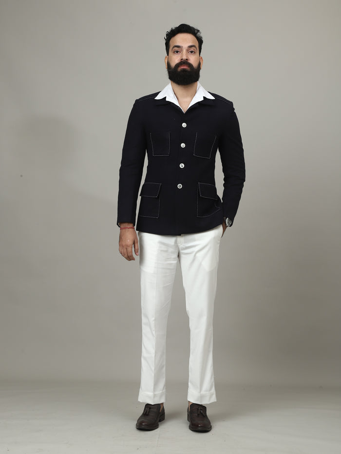 Navy Tweed Jodhpuri Jacket with Pocket Details