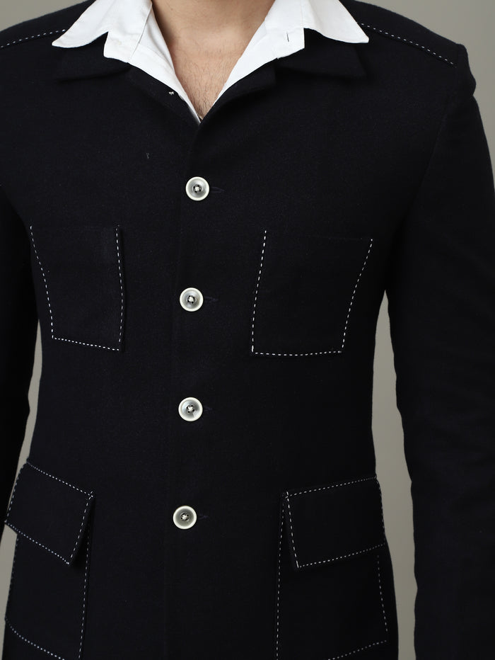 Navy Tweed Jodhpuri Jacket with Pocket Details
