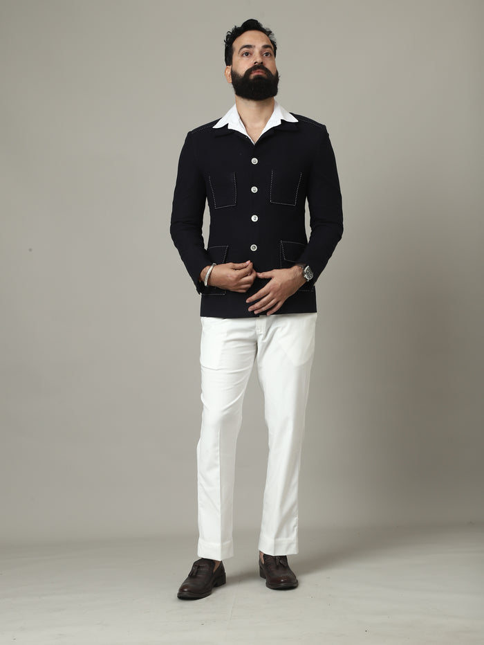 Navy Tweed Jodhpuri Jacket with Pocket Details