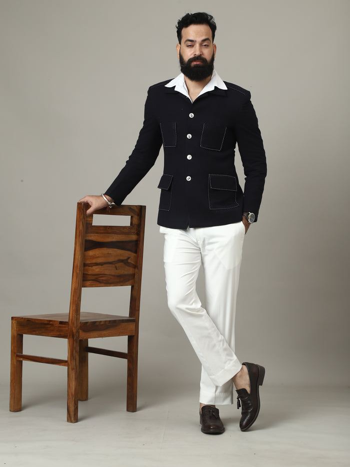 Navy Tweed Jodhpuri Jacket with Pocket Details