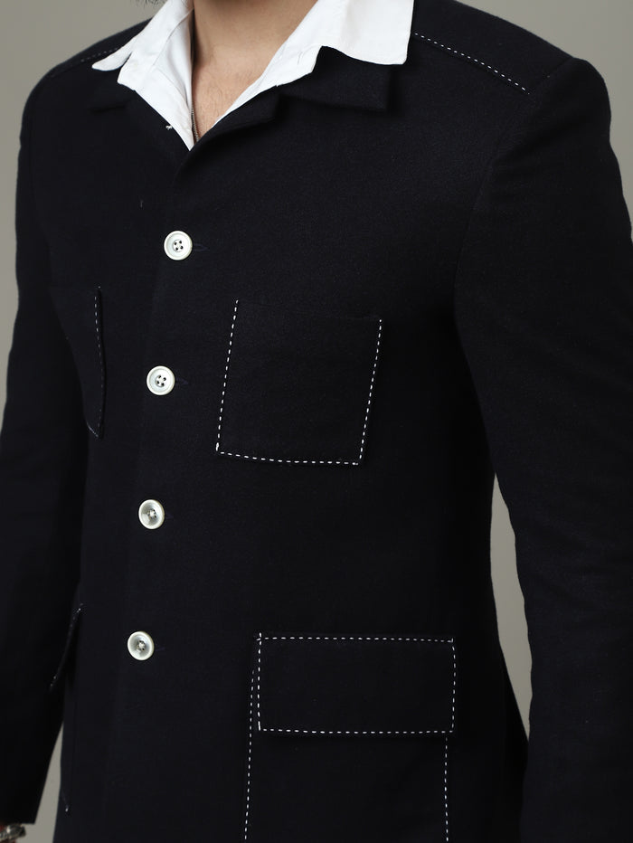 Navy Tweed Jodhpuri Jacket with Pocket Details