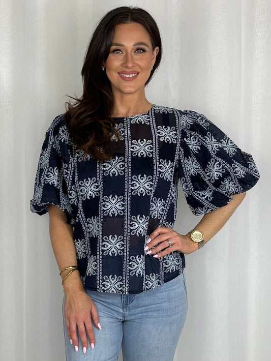Navy/Blue Crochet Print Puff Ball Sleeve Top