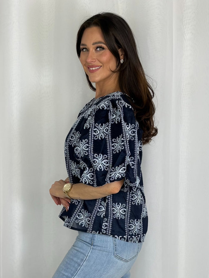 Navy/Blue Crochet Print Puff Ball Sleeve Top