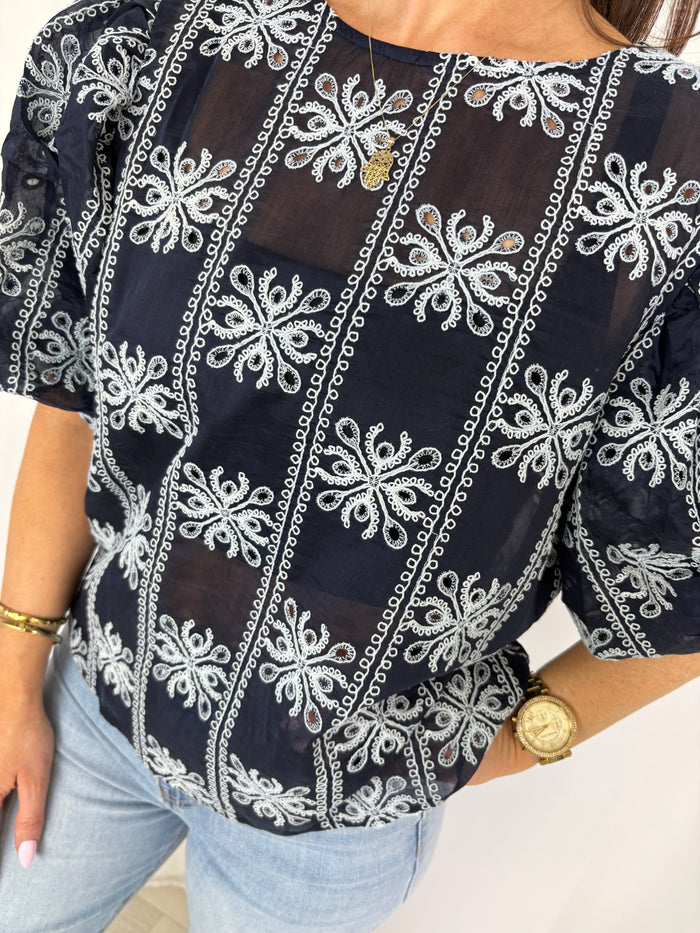 Navy/Blue Crochet Print Puff Ball Sleeve Top
