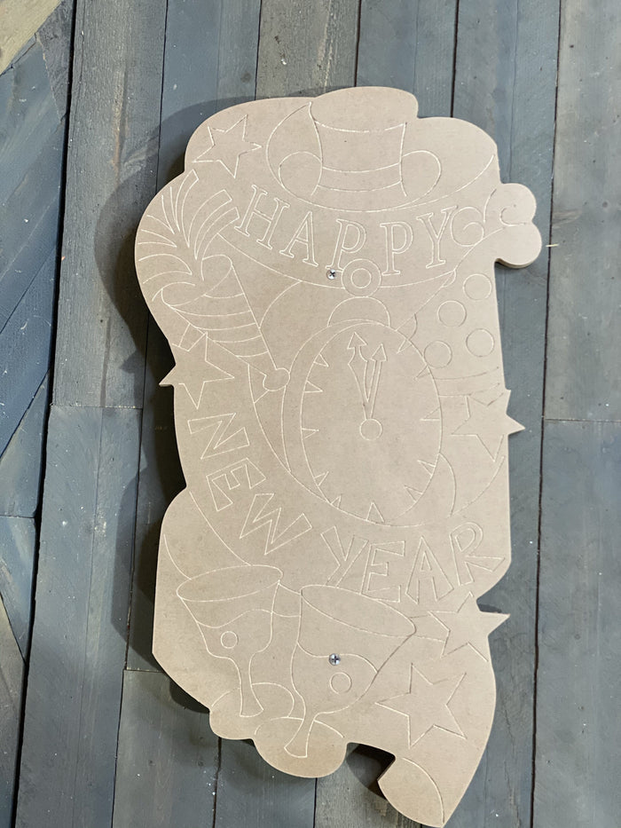 An unpainted wooden yard art cutout for New Year’s, featuring etched outlines of a "Happy New Year" banner, a large pocket watch, a top hat, party blowers, stars, and two champagne flutes, shown against a gray wood-paneled background
