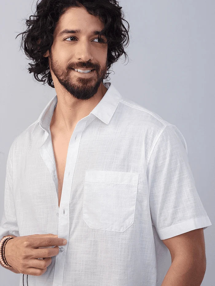 Nityam White Cotton American Placket half sleeve Shirt