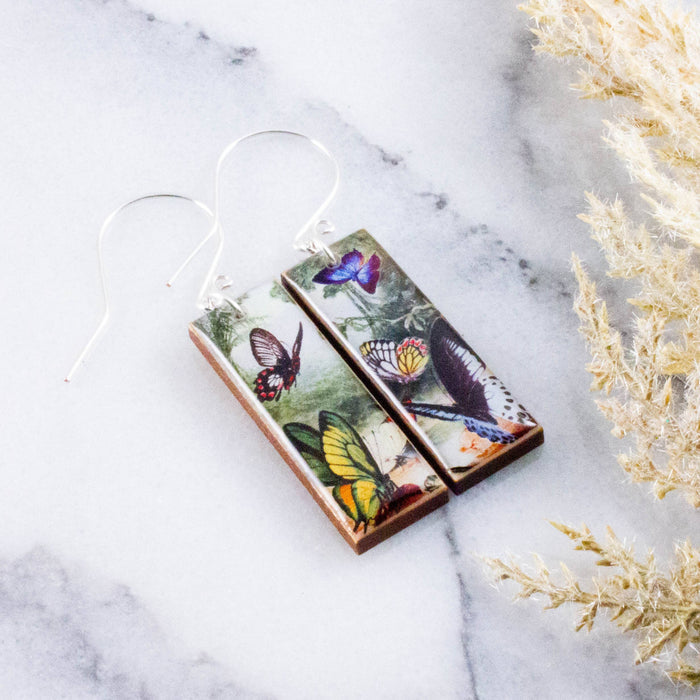 No Man's Land - Vintage Butterfly Forest Rectangle Earrings