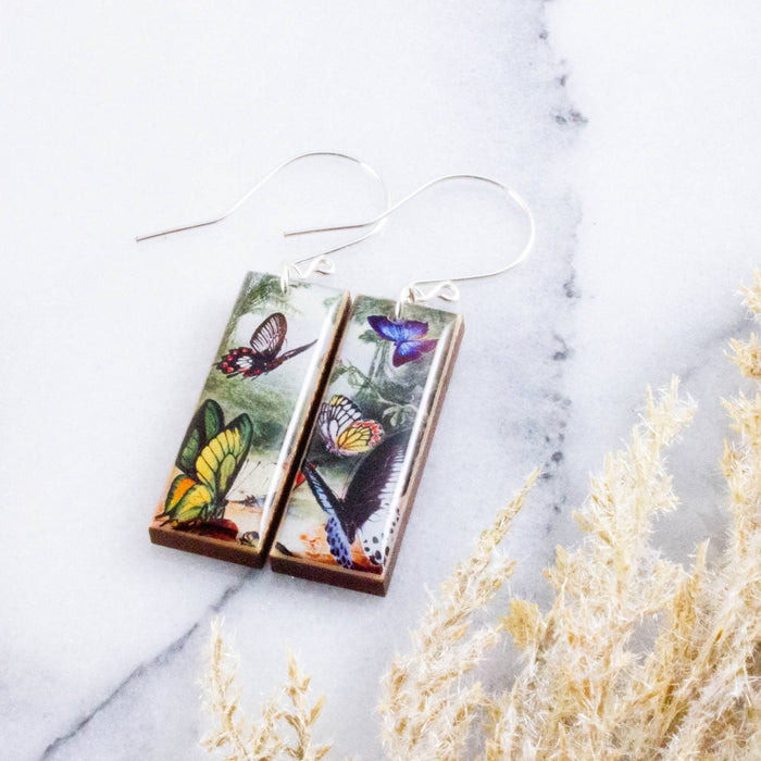 No Man's Land - Vintage Butterfly Forest Rectangle Earrings