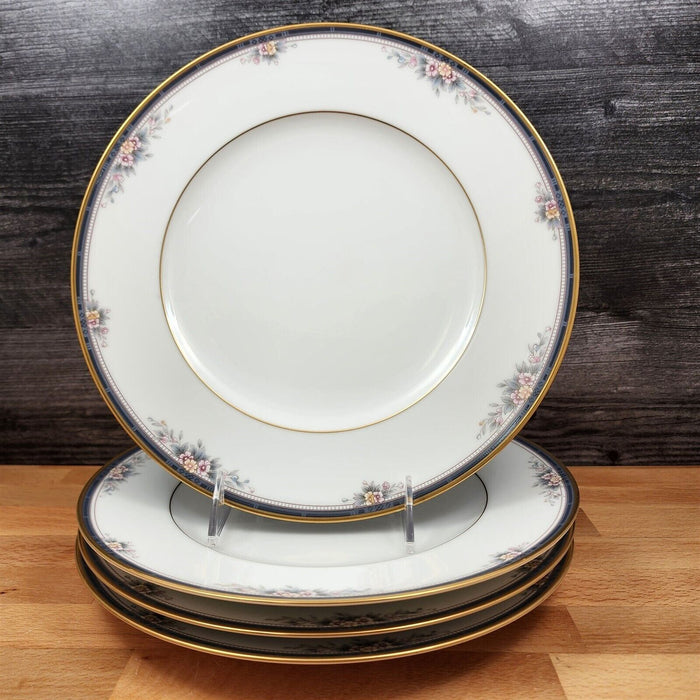Noritake Ontario 3763 Set of 4 Dinner Plates Blue Gold Band Pink Flowers 10.5"