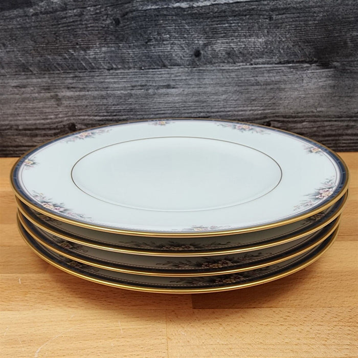 Noritake Ontario 3763 Set of 4 Dinner Plates Blue Gold Band Pink Flowers 10.5"