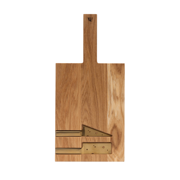 Oak cheese board with knives