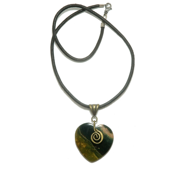 Ocean Jasper Necklace Heart My Love is Deep Gem on Leather