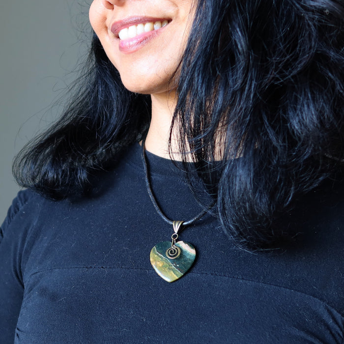 Ocean Jasper Necklace Heart My Love is Deep Gem on Leather