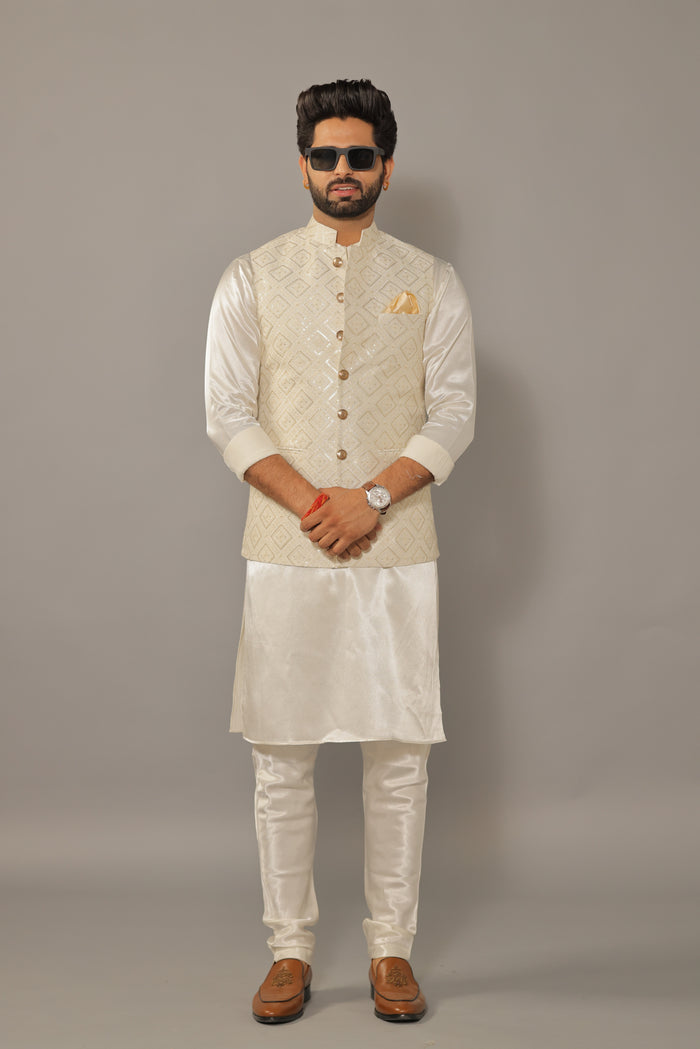 Off-White Kurta Pajama Set with Luckhnawi Embroidery White Color Nehru Jacket - Handcrafted