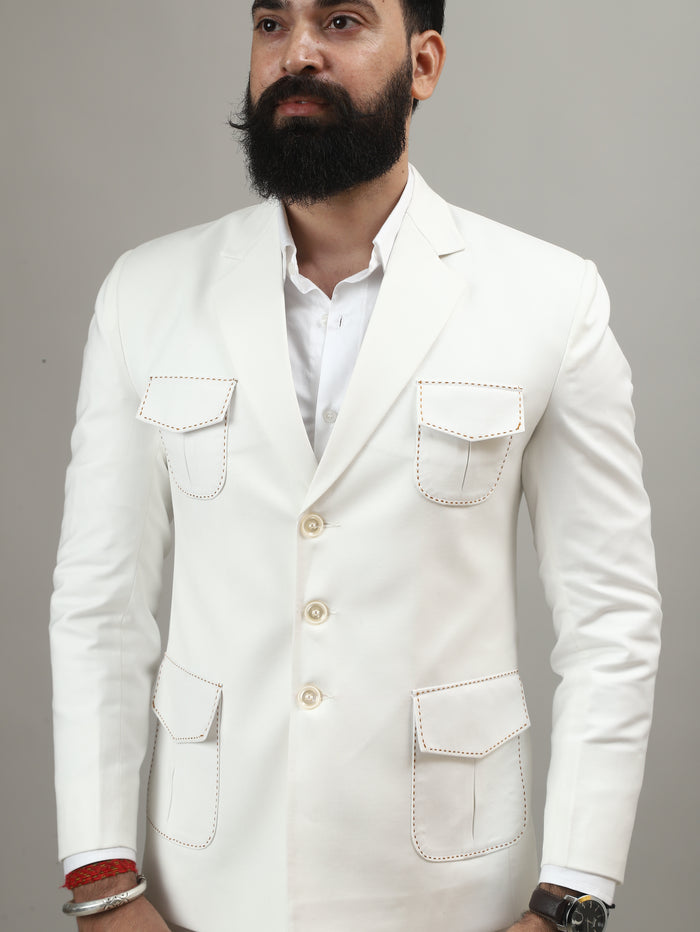 Off White Suiting Celebration Blazer with Signature Pocket Design