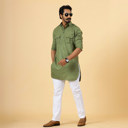 Olive Green Hunting Style Kurta with white pajama