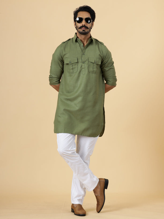 Olive Green Hunting Style Kurta with white pajama