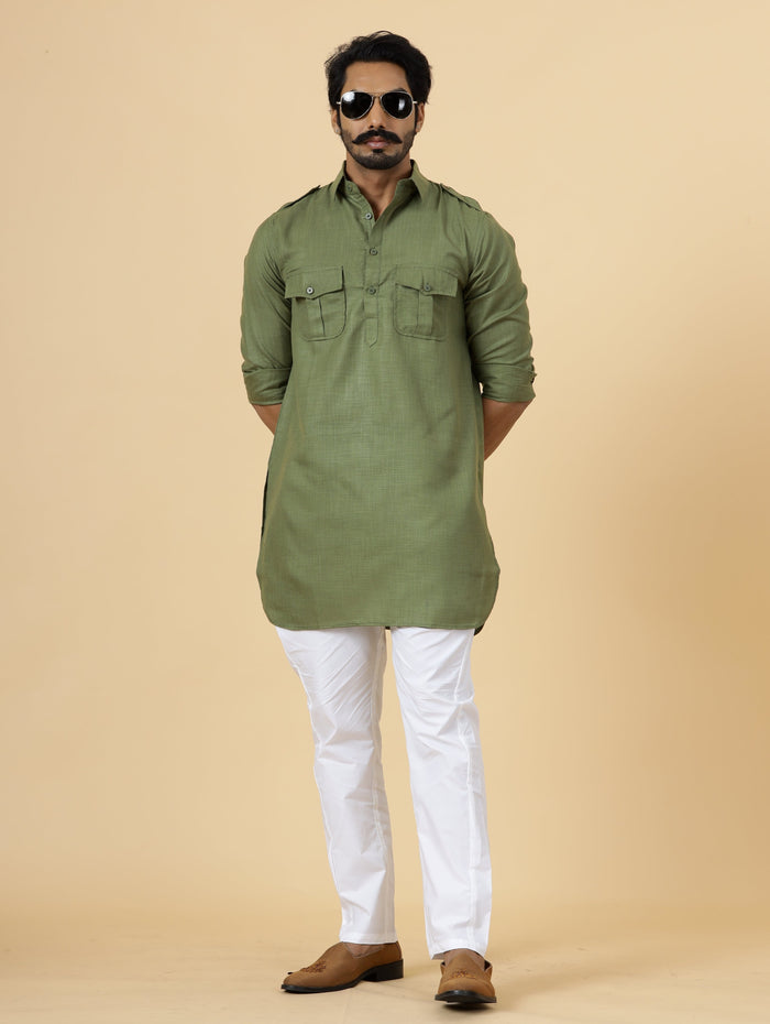 Olive Green Hunting Style Kurta with white pajama
